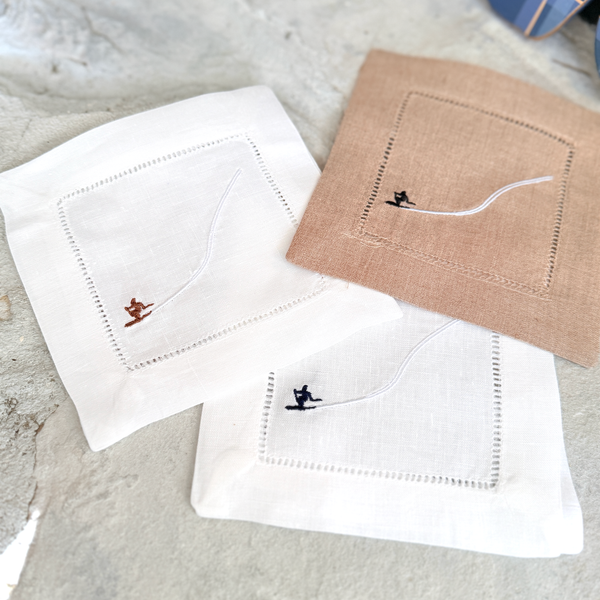 Downhill Ski Cloth Cocktail Napkins, Set of 4, Skiing Linen Cocktail Cloth Napkins - White Tulip Embroidery