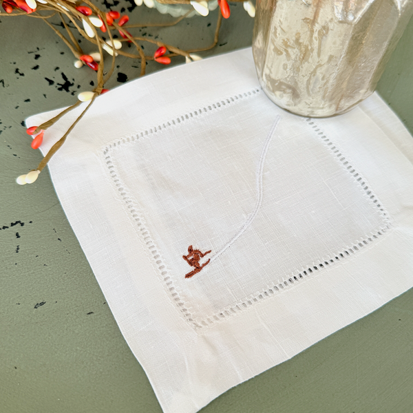 Downhill Ski Cloth Cocktail Napkins, Set of 4, Skiing Linen Cocktail Cloth Napkins - White Tulip Embroidery