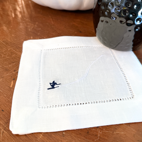 Downhill Ski Cloth Cocktail Napkins, Set of 4, Skiing Linen Cocktail Cloth Napkins - White Tulip Embroidery