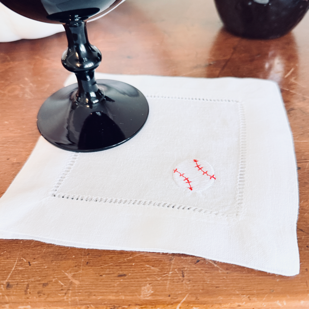 Baseball Cloth Linen Cocktail Napkins, Set of 4 - White Tulip Embroidery