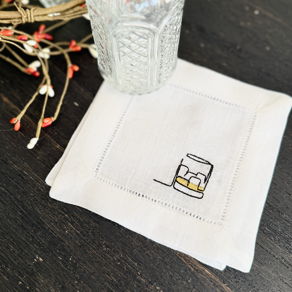 Whiskey Glass Linen Cocktail Napkins, Set of 4, Whiskey Bourbon Cocktail Napkins Gift - White Tulip Embroidery