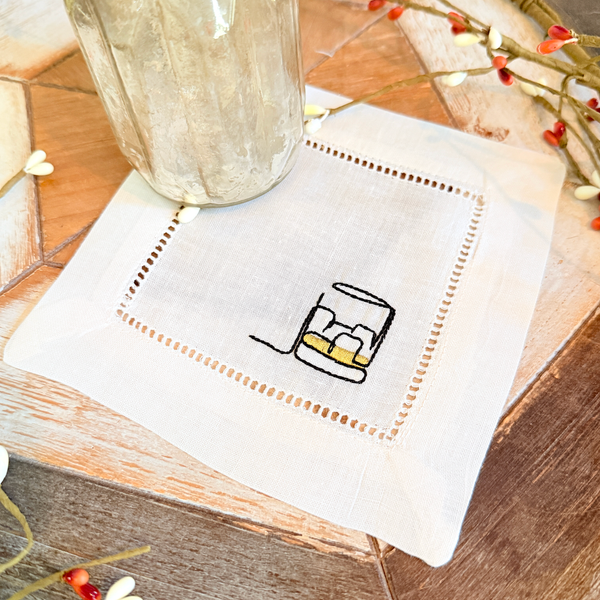 Whiskey Glass Linen Cocktail Napkins, Set of 4, Whiskey Bourbon Cocktail Napkins Gift - White Tulip Embroidery