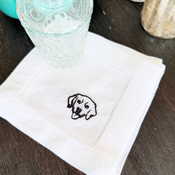 Dog Cloth Linen Cocktail Napkins, Set of 4, Golden Retriever Gift - White Tulip Embroidery