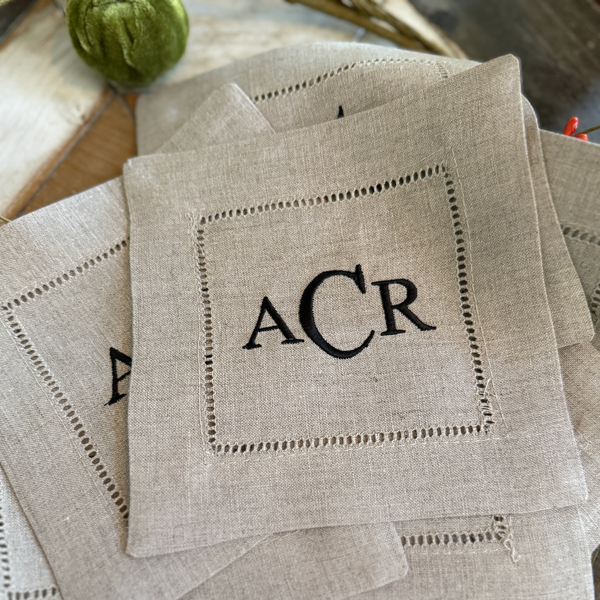 Natural Beige Monogrammed Linen Cocktail Napkins, Set of 4 - White Tulip Embroidery