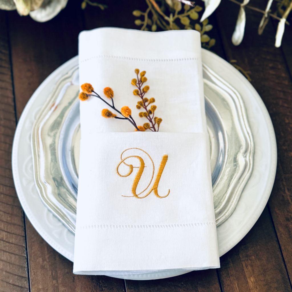 Bliss Monogrammed Cloth Dinner Napkins - Set of 4 napkins - White Tulip Embroidery