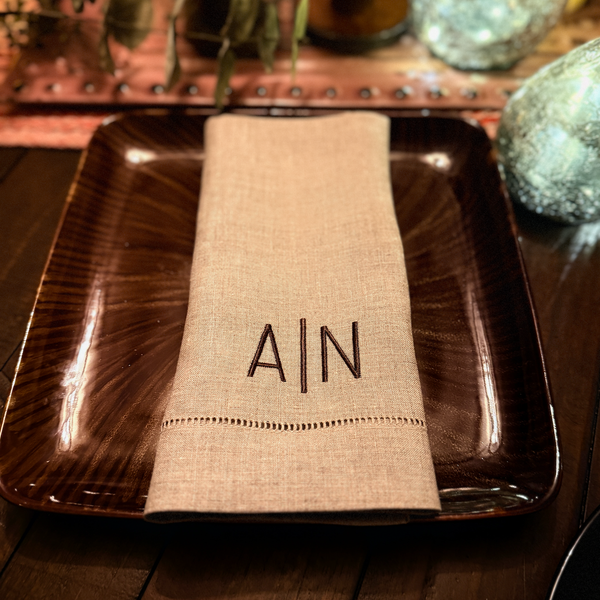 Line Double Initial Monogrammed Cloth Napkins - Set of 4 Duogram Napkins - White Tulip Embroidery