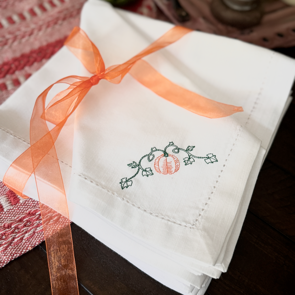 Pumpkin Vine Embroidered Cloth Dinner Napkins - Set of 4 napkins - White Tulip Embroidery