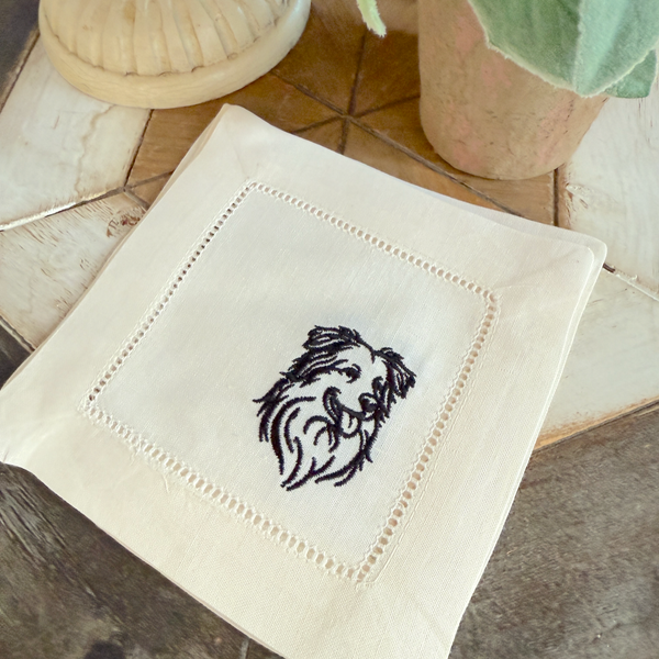 Australian Shepard Cloth Linen Cocktail Napkins, Set of 4 Dog Cocktail Napkins - White Tulip Embroidery
