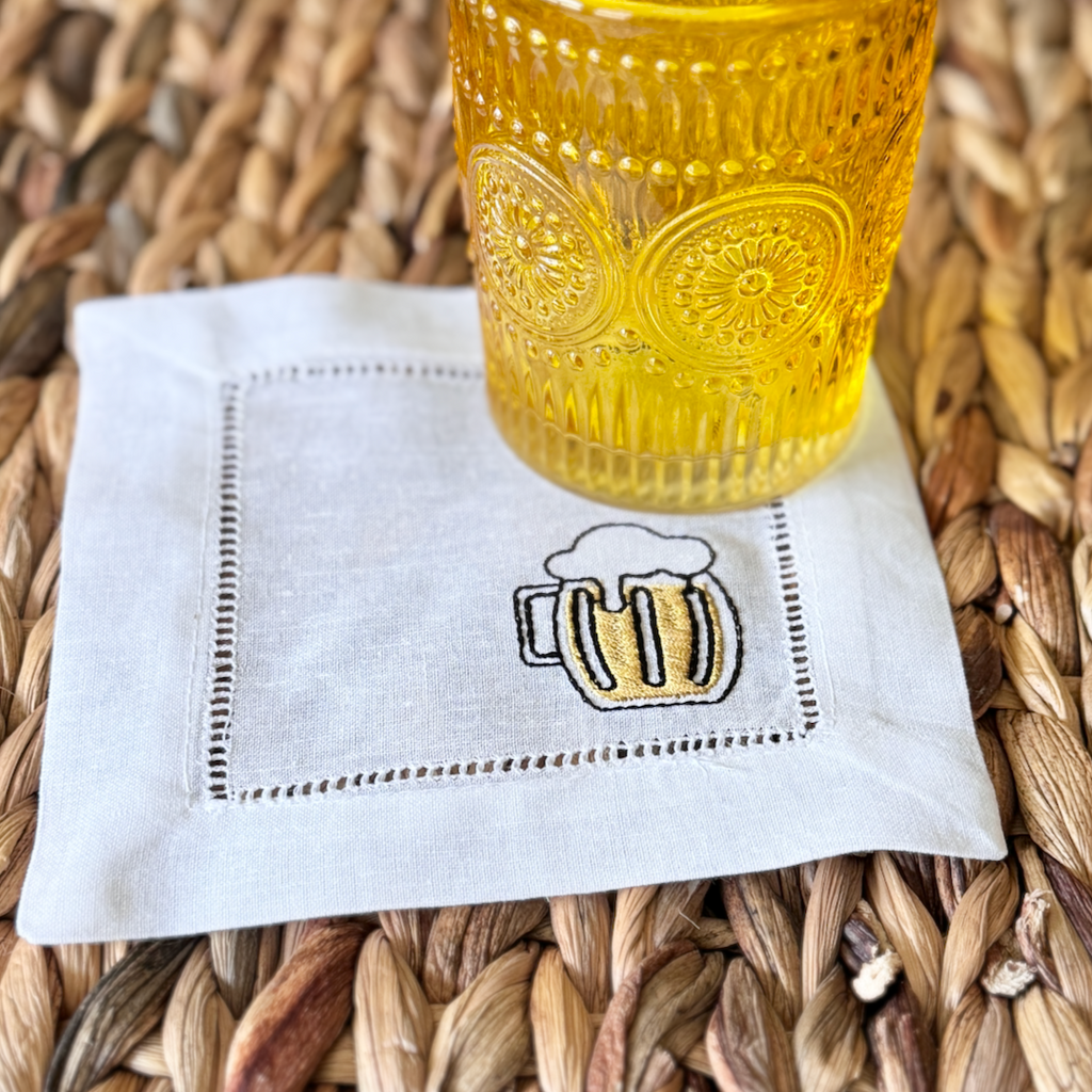 Beer Embroidered Cloth Cocktail Napkins, Set of 4, Beer Linen cocktail napkins, Beer gift, Dad gift - White Tulip Embroidery