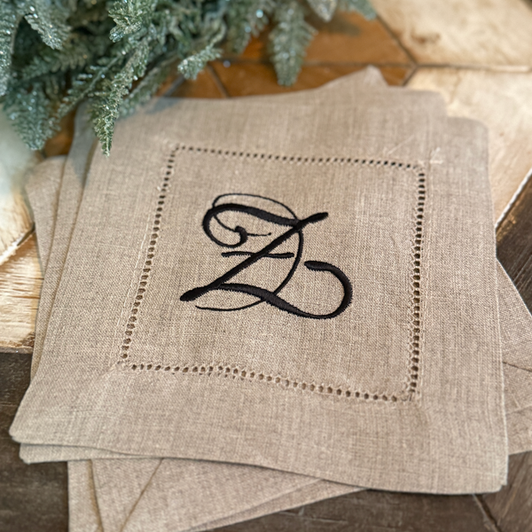Natural Beige Monogrammed Linen Cocktail Napkins, Set of 4 - White Tulip Embroidery