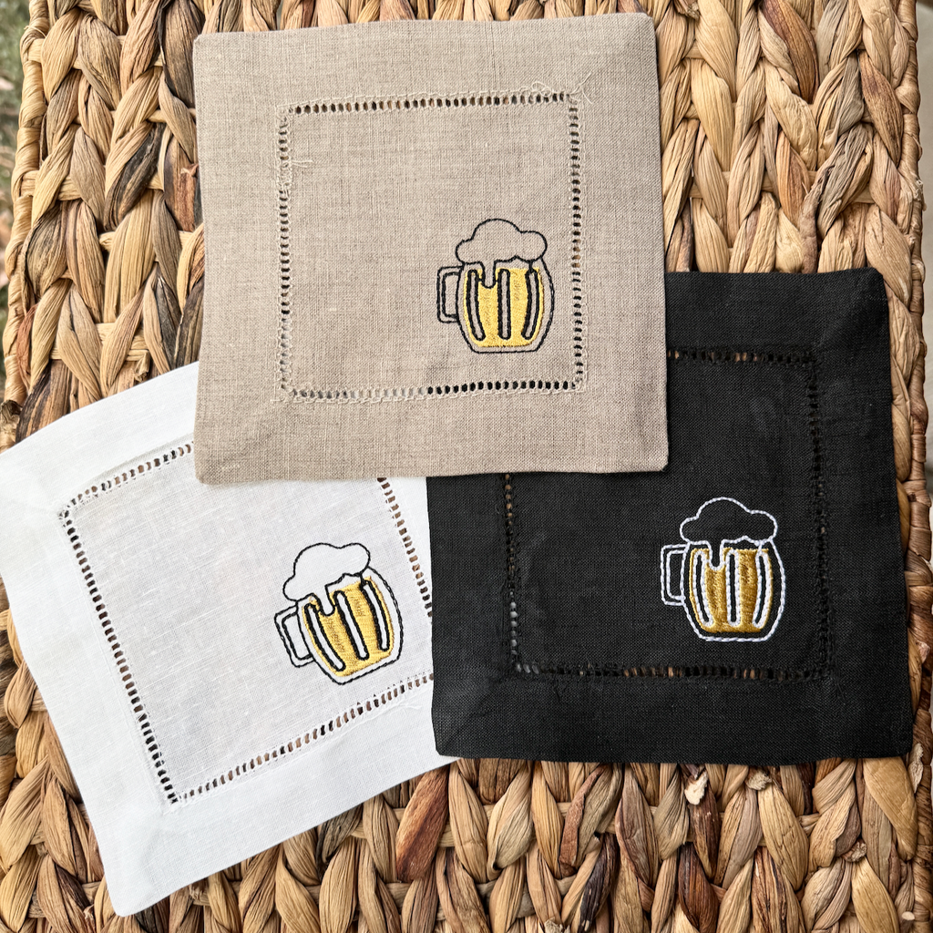 Beer Embroidered Cloth Cocktail Napkins, Set of 4, Beer Linen cocktail napkins, Beer gift, Dad gift - White Tulip Embroidery