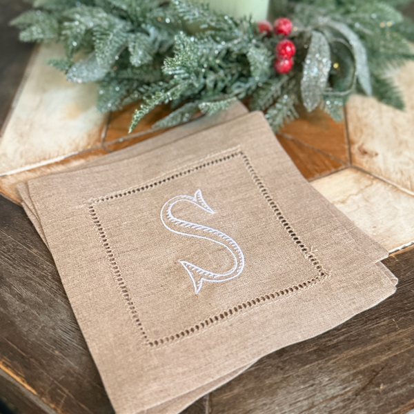 Natural Beige Monogrammed Linen Cocktail Napkins, Set of 4 - White Tulip Embroidery