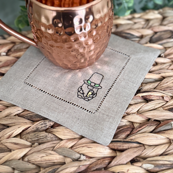 St. Patrick's Day Leprechaun Cocktail Napkins, Set of 4 Embroidered Linen Napkins - White Tulip Embroidery