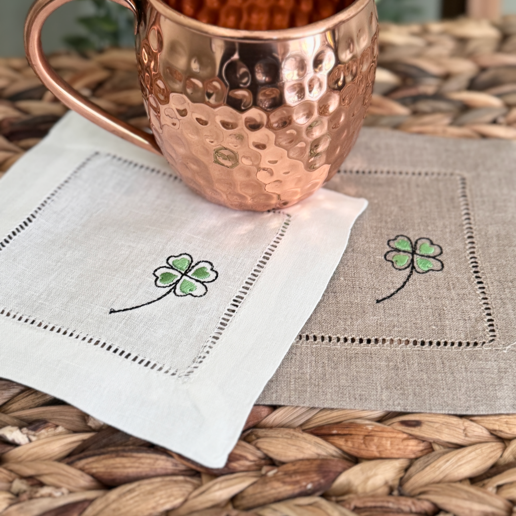 Shamrock St. Patrick's Day Embroidered Cocktail Napkins, Set of 4, Clover Linen Cocktail Napkins - White Tulip Embroidery