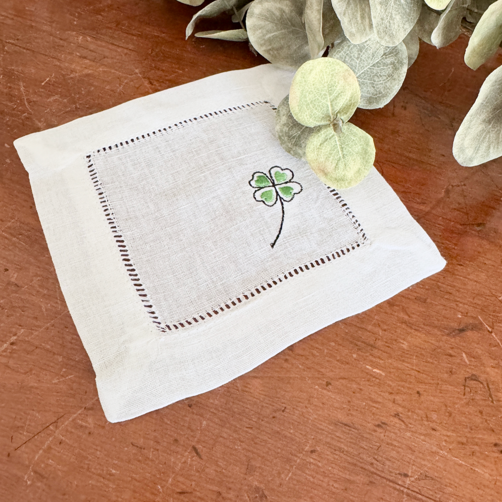 Shamrock St. Patrick's Day Embroidered Cocktail Napkins, Set of 4, Clover Linen Cocktail Napkins - White Tulip Embroidery