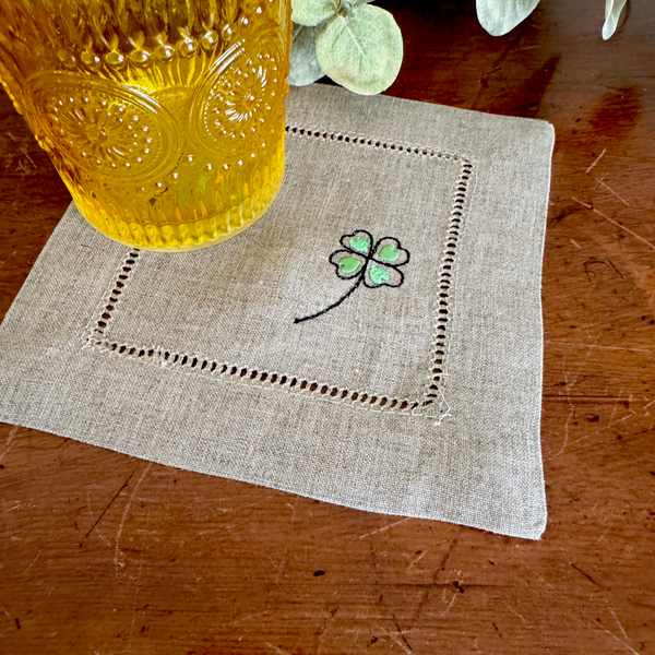 Shamrock cocktail napkin set, hand embroidered, hostess gift, wedding shower, housewarming gift, discount linen coasters, St. Patrick, lucky shamrock