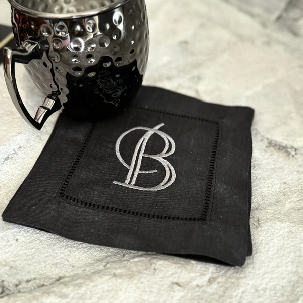 Black Monogrammed Linen Cocktail Napkins, Set of 4 - White Tulip Embroidery