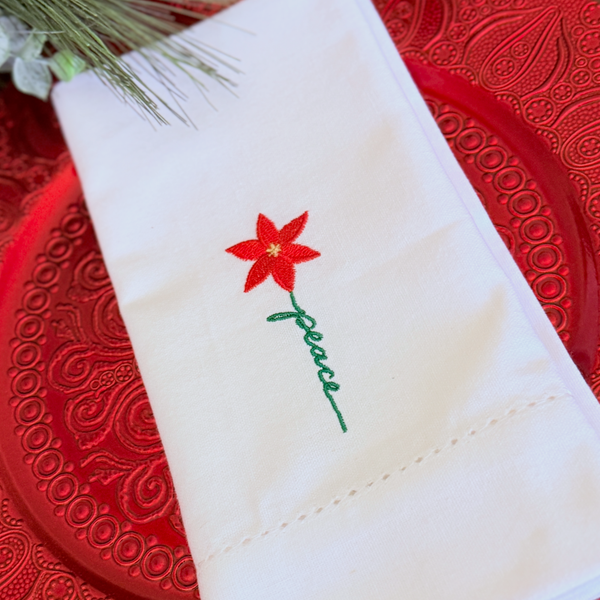 Poinsettia Peace Embroidered Cloth Napkins - Set of 4 napkins - White Tulip Embroidery