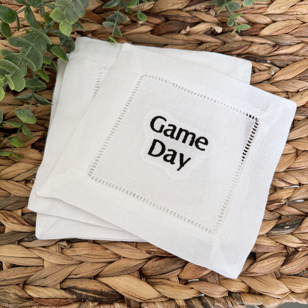 Game Day Cloth Cocktail Napkins, Set of 4, Football Linen Cocktail Cloth Napkins - White Tulip Embroidery