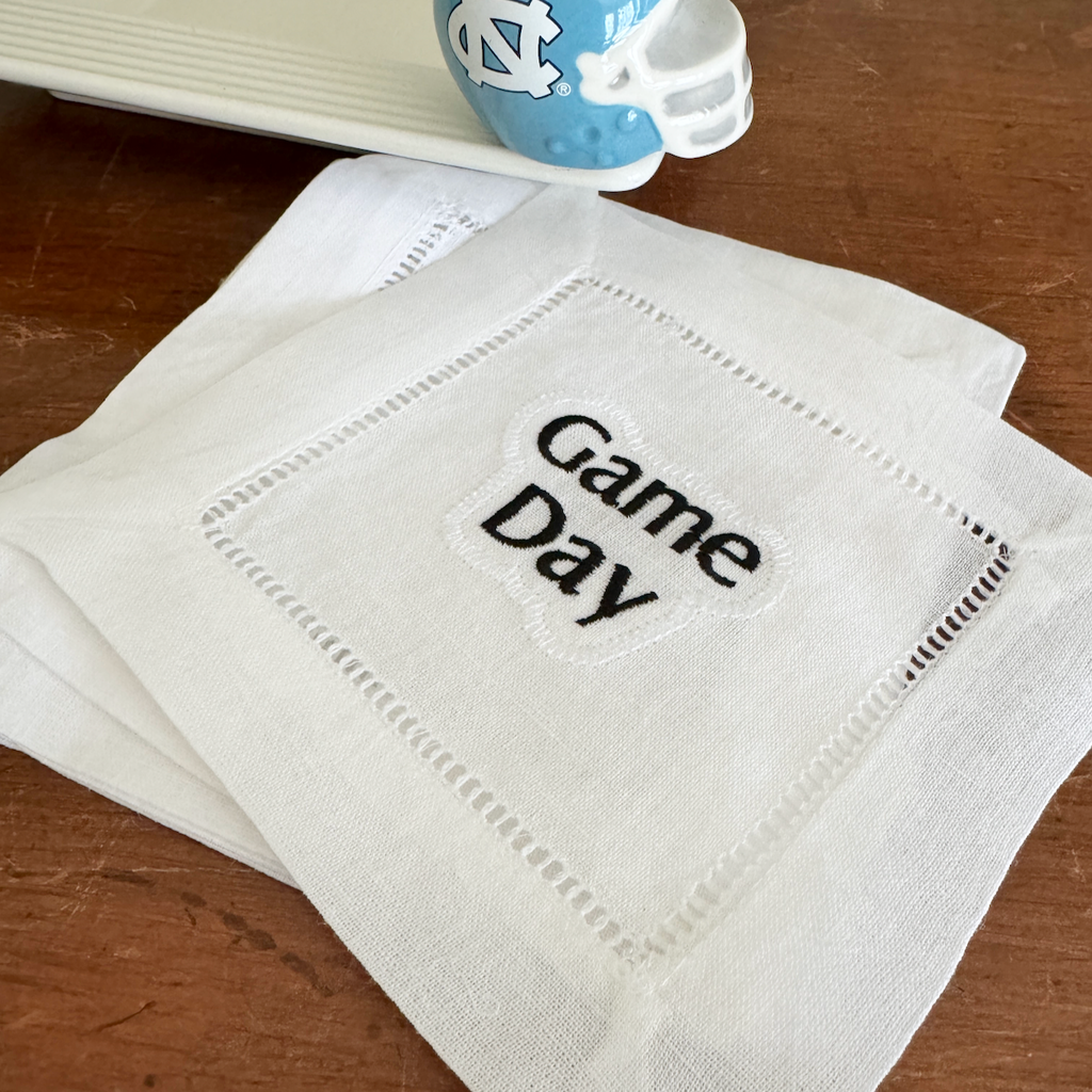 Game Day Cloth Cocktail Napkins, Set of 4, Football Linen Cocktail Cloth Napkins - White Tulip Embroidery