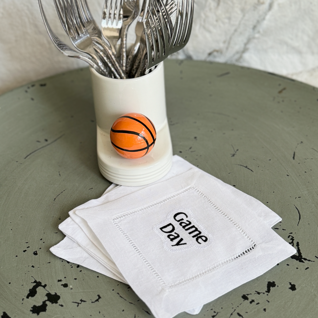 Game Day Cloth Cocktail Napkins, Set of 4, Football Linen Cocktail Cloth Napkins - White Tulip Embroidery