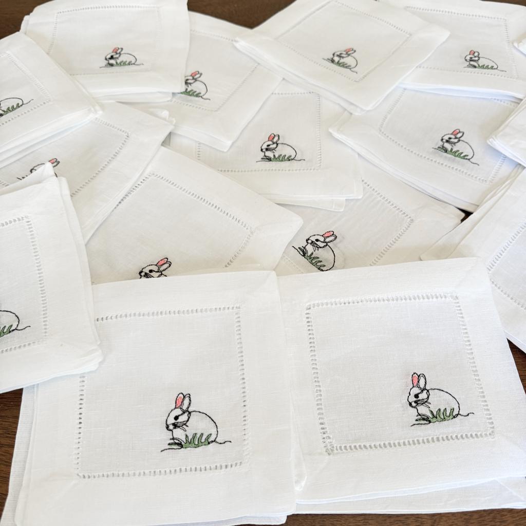 Easter Bunny Cloth Cocktail Napkins, Set of 4, Easter Linen Cocktail Napkins - White Tulip Embroidery