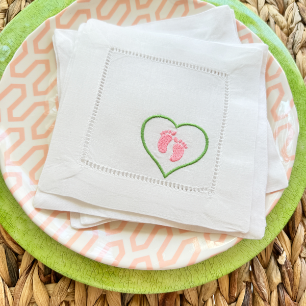 Baby Shower Cloth Cocktail Napkins, Set of 4, Baby Feet Reveal Linen Cocktail Cloth Napkins - White Tulip Embroidery