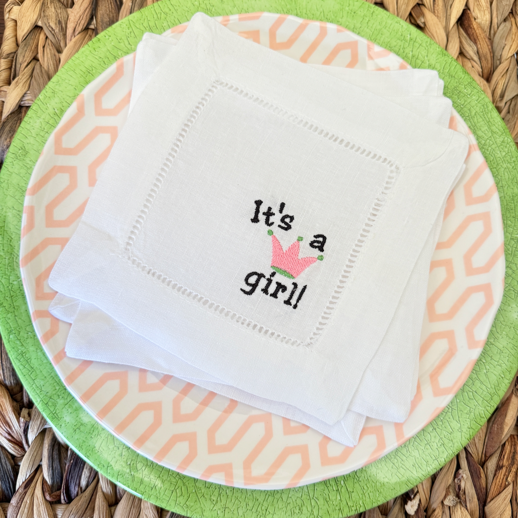 It's a Girl Baby Shower Cloth Cocktail Napkins, Set of 4, It's a Boy Linen Cocktail Cloth Napkins - White Tulip Embroidery