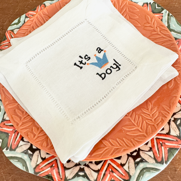 It's a Girl Baby Shower Cloth Cocktail Napkins, Set of 4, It's a Boy Linen Cocktail Cloth Napkins - White Tulip Embroidery