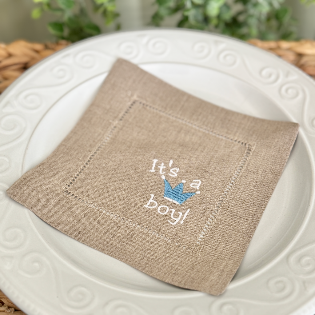 It's a Girl Baby Shower Cloth Cocktail Napkins, Set of 4, It's a Boy Linen Cocktail Cloth Napkins - White Tulip Embroidery