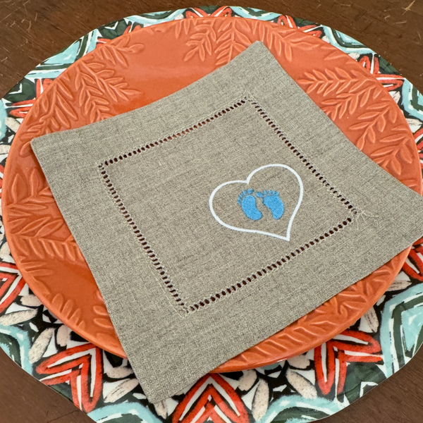 Baby Shower Cloth Cocktail Napkins, Set of 4, Baby Feet Reveal Linen Cocktail Cloth Napkins - White Tulip Embroidery