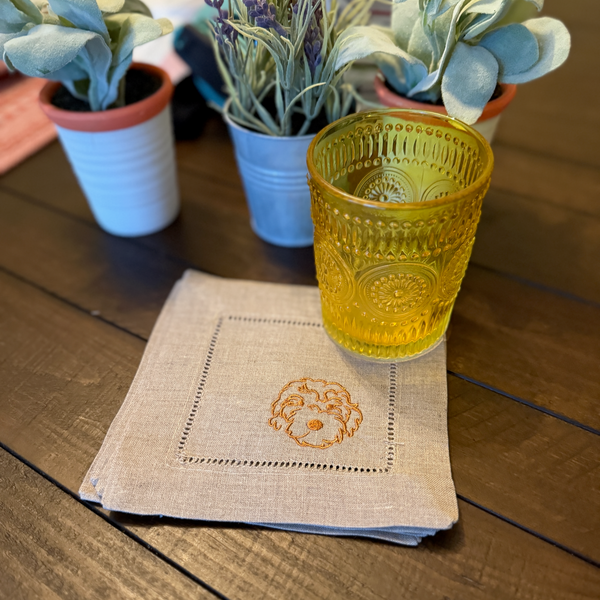 Golden Doodle Cloth Linen Cocktail Napkins, Set of 4 - White Tulip Embroidery