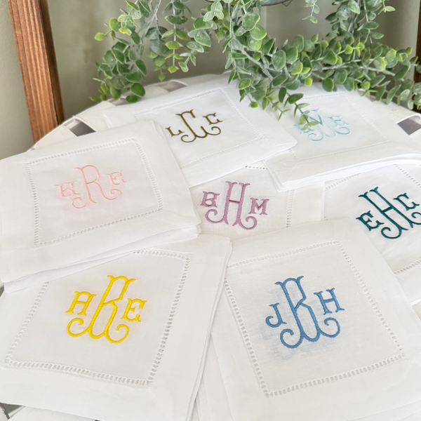 Bulk Monogram Cocktail Napkins, Cocktail Cloth Napkins, Set of 25, Linen cocktail napkins, large wedding napkins - White Tulip Embroidery