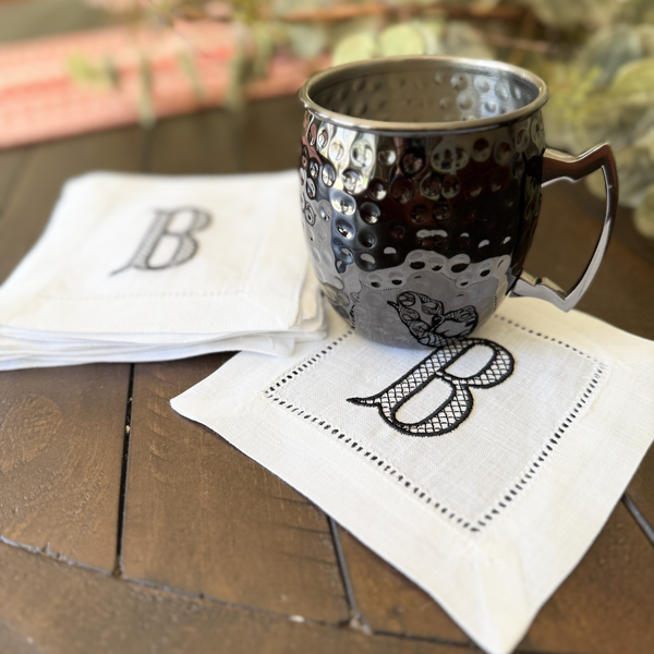 Fishtail Monogrammed Cocktail Napkins, Set of 4 - White Tulip Embroidery