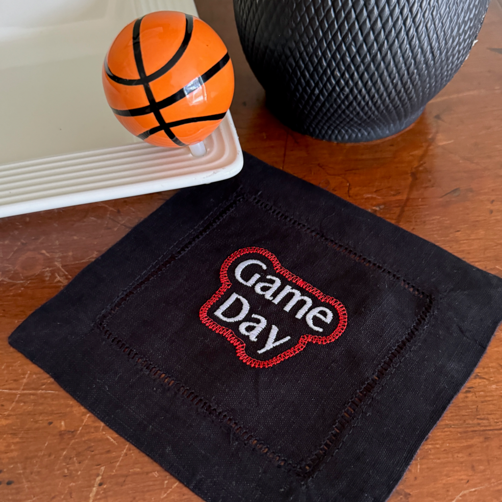 Game Day Cloth Cocktail Napkins, Set of 4, Football Linen Cocktail Cloth Napkins - White Tulip Embroidery