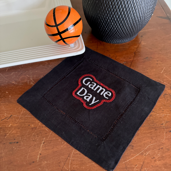 Game Day Cloth Cocktail Napkins, Set of 4, Football Linen Cocktail Cloth Napkins - White Tulip Embroidery