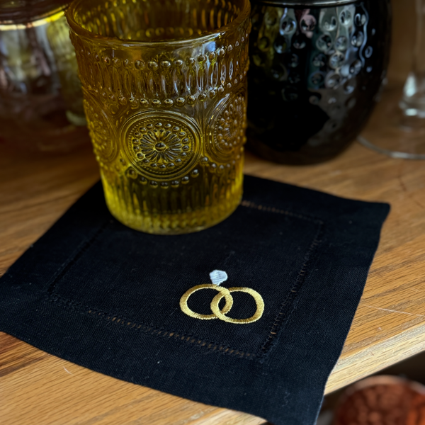 Wedding Shower Cocktail Napkins, Set of 4, Wedding Ring Linen Cocktail Cloth Napkins - White Tulip Embroidery