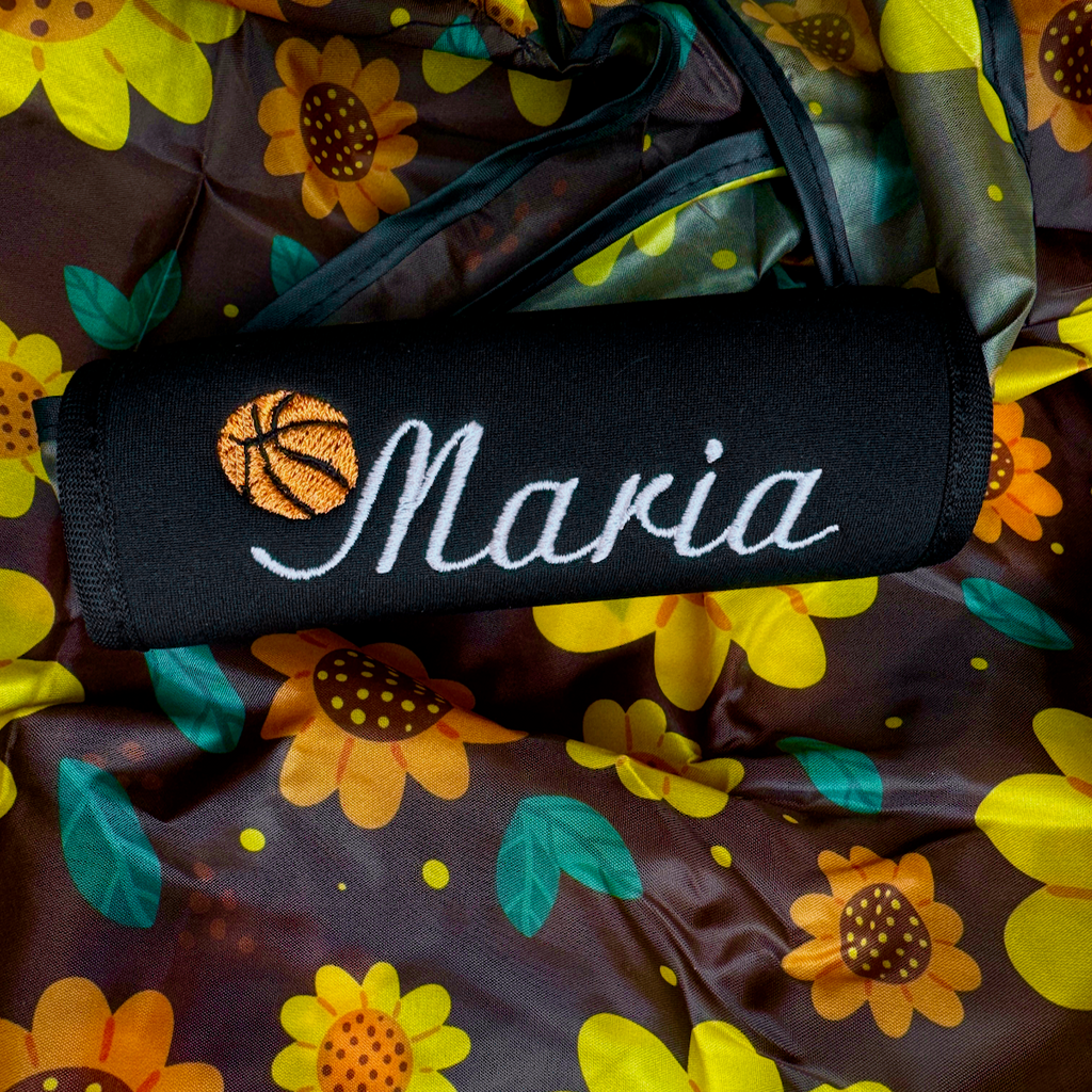 Basketball Name Luggage Handle Wrap Personalized and Embroidered, Basketball Sport Bag Name Tag - White Tulip Embroidery