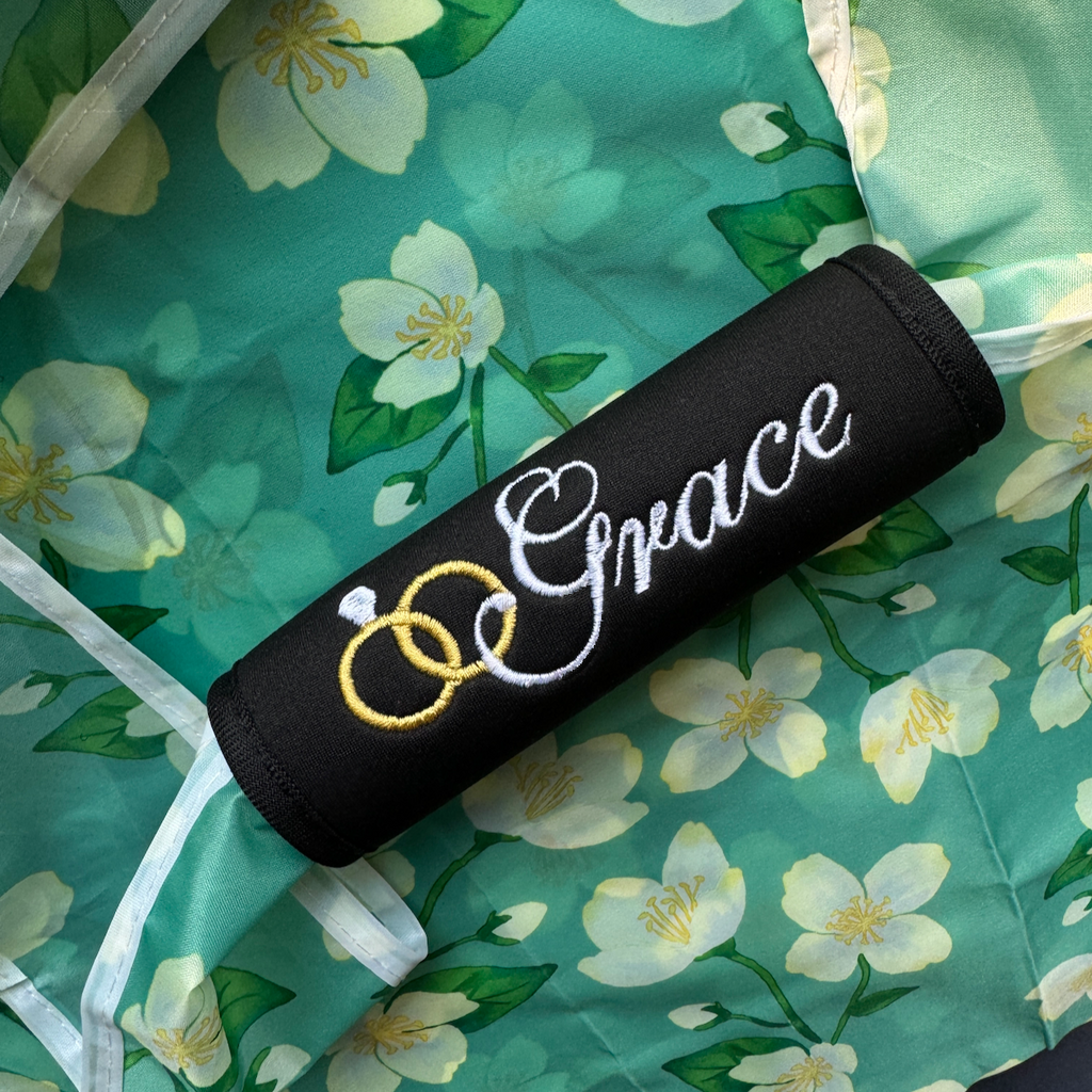 Wedding Name Luggage Handle Wrap Personalized and Embroidered, Honeymoon Suitcase Tag - White Tulip Embroidery