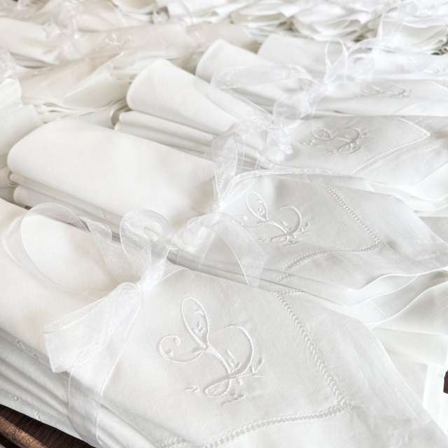 Bulk Monogrammed Wedding Napkins, Set of 50, Embroidered Cloth Dinner Napkins - White Tulip Embroidery