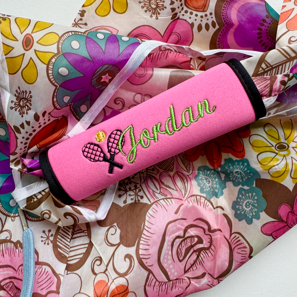 Tennis Luggage Name Handle Wrap Personalized and Embroidered, Tennis Bag Name Tag - White Tulip Embroidery