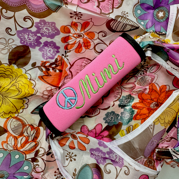 Peace Luggage Name Handle Wrap Personalized and Embroidered, Peace Sign Suitcase Bag Name Tag - White Tulip Embroidery