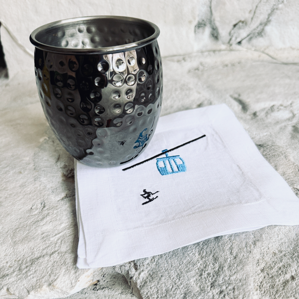 Gondola Ski Cloth Cocktail Napkins, Set of 4, Apres Skiing Linen Cocktail Cloth Napkins - White Tulip Embroidery