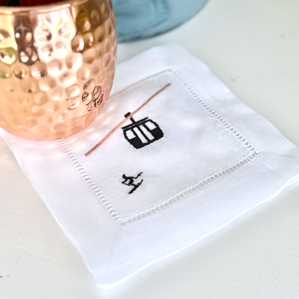 Gondola Ski Cloth Cocktail Napkins, Set of 4, Apres Skiing Linen Cocktail Cloth Napkins - White Tulip Embroidery