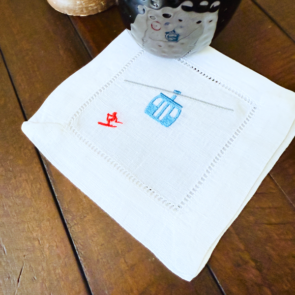 Gondola Ski Cloth Cocktail Napkins, Set of 4, Apres Skiing Linen Cocktail Cloth Napkins - White Tulip Embroidery