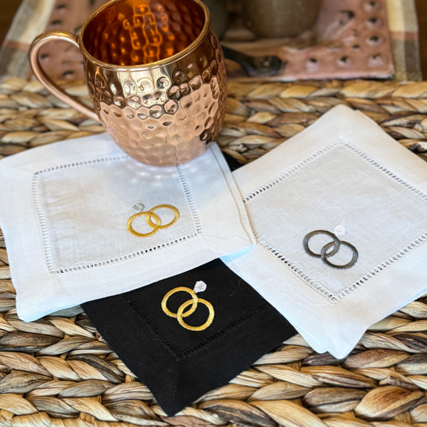 Wedding Shower Cocktail Napkins, Set of 4, Wedding Ring Linen Cocktail Cloth Napkins - White Tulip Embroidery