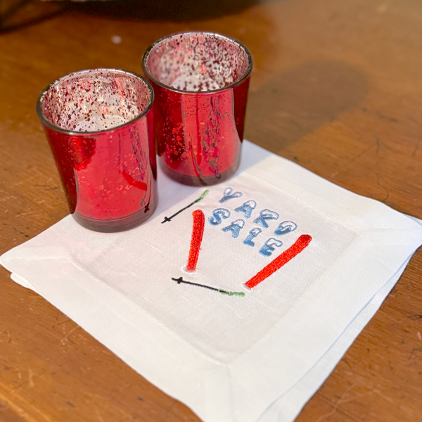 Yard Sale Ski Cloth Cocktail Napkins, Set of 4, Funny Ski Gift - White Tulip Embroidery