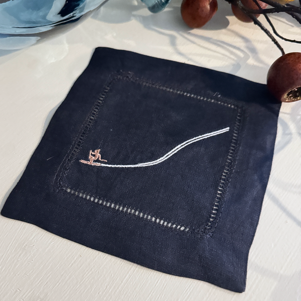 Downhill Ski Cloth Cocktail Napkins, Set of 4, Skiing Linen Cocktail Cloth Napkins - White Tulip Embroidery