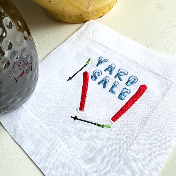 Yard Sale Ski Cloth Cocktail Napkins, Set of 4, Funny Ski Gift - White Tulip Embroidery