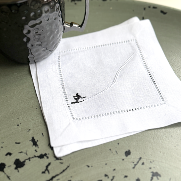 Downhill Ski Cloth Cocktail Napkins, Set of 4, Skiing Linen Cocktail Cloth Napkins - White Tulip Embroidery